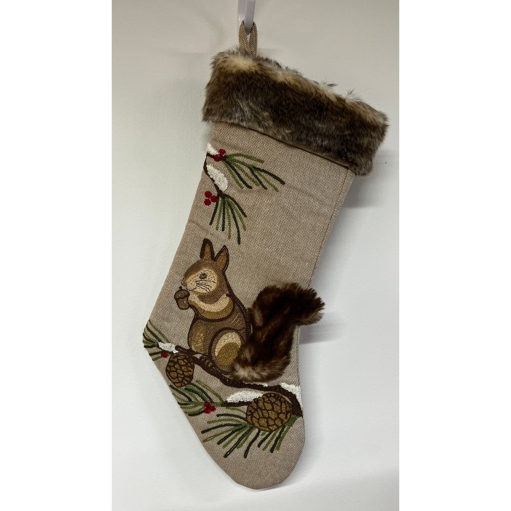 Woodland Squirrel Embroidered Christmas‎ Stocking Faux Fur Trim Burlap Tan 20"